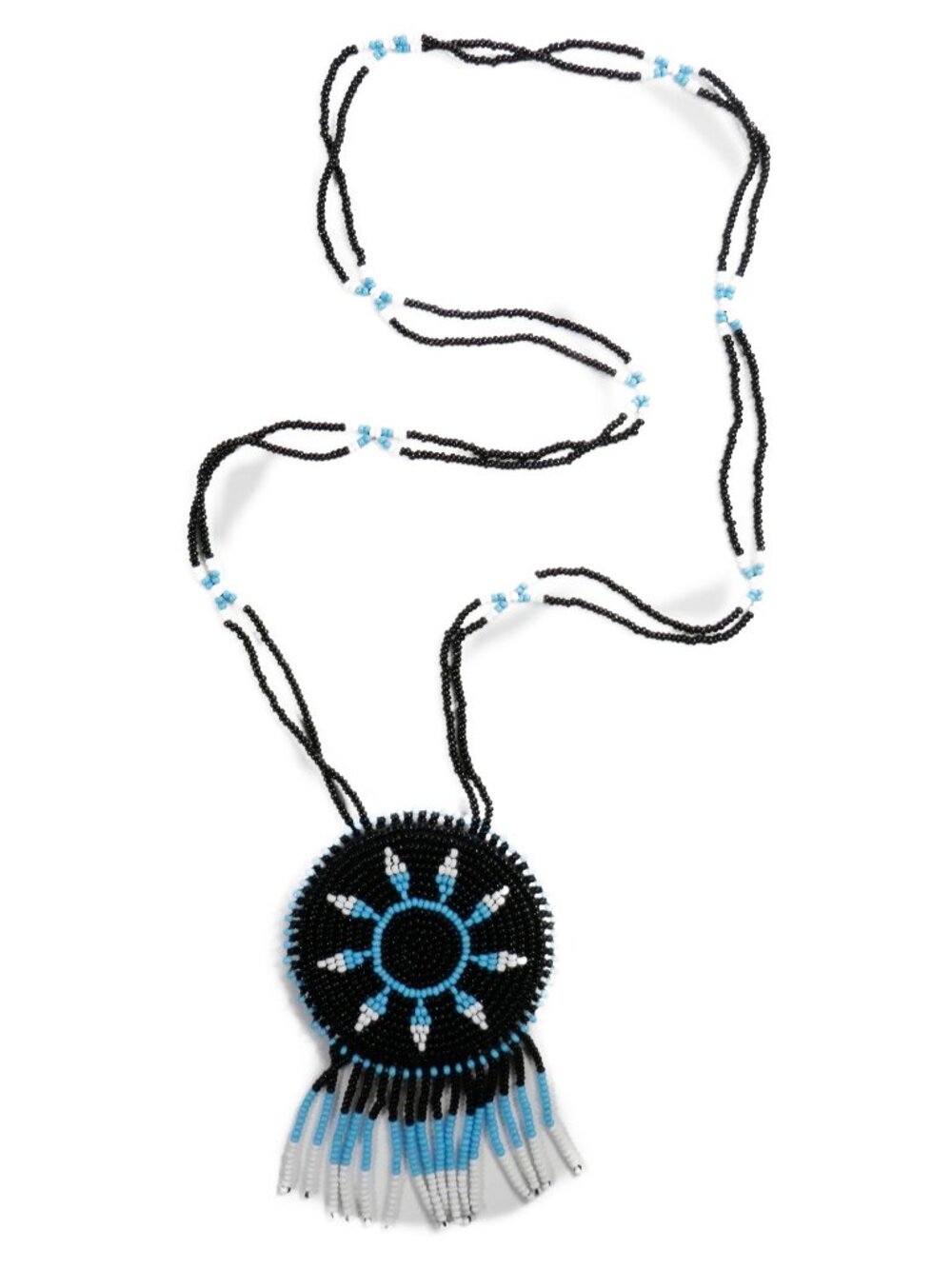 Vintage Hand Beaded Native American Star Medallion Necklace Black Blue